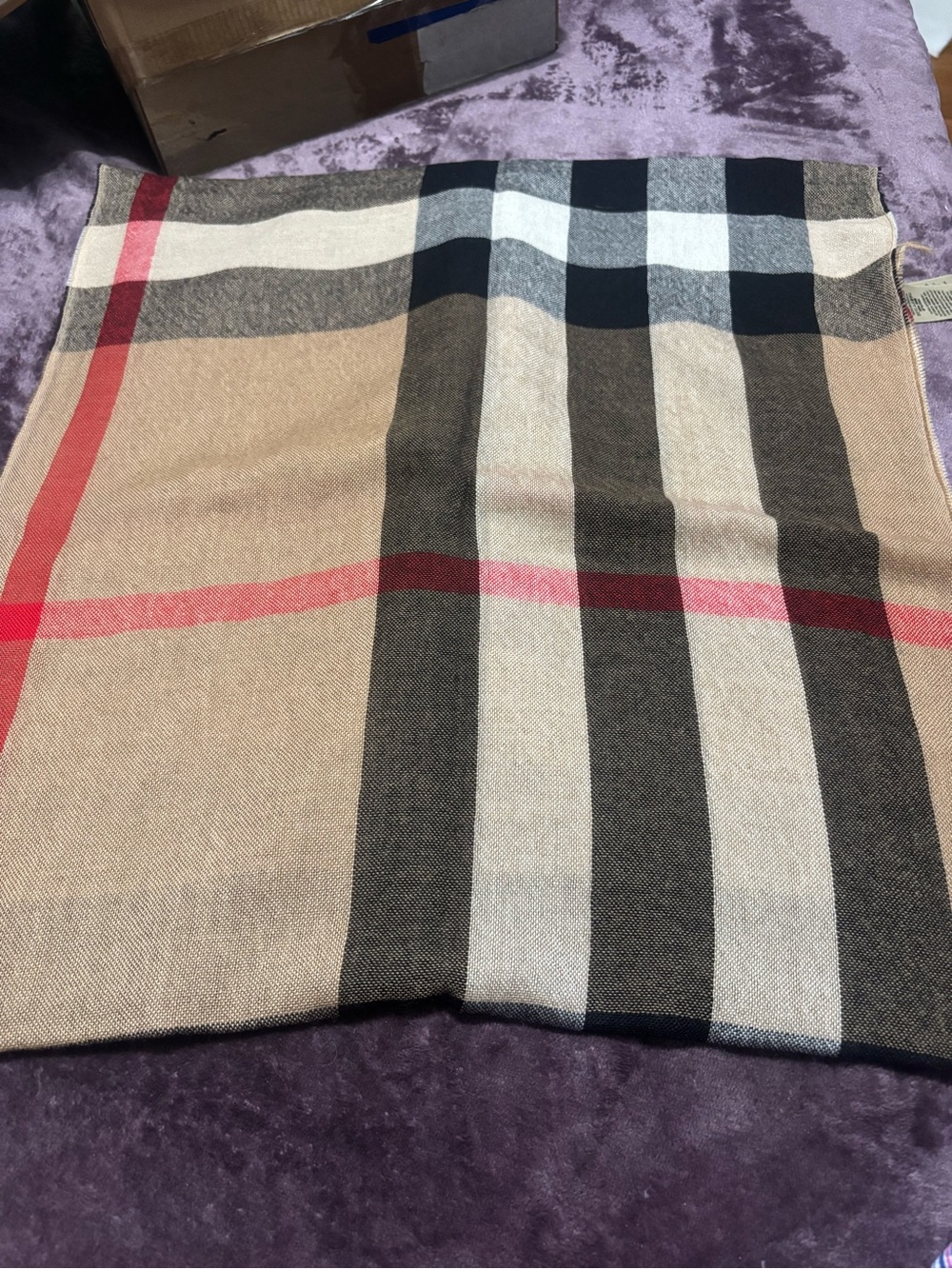 Burberry Beige Plaid Cashmere-Blend Scarf with Black, White and Red Stripes